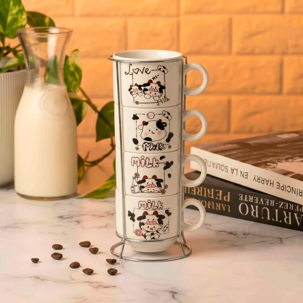 Set 4 Tazas Cerámica Apilables Encastrables Con Diseños - Vacas