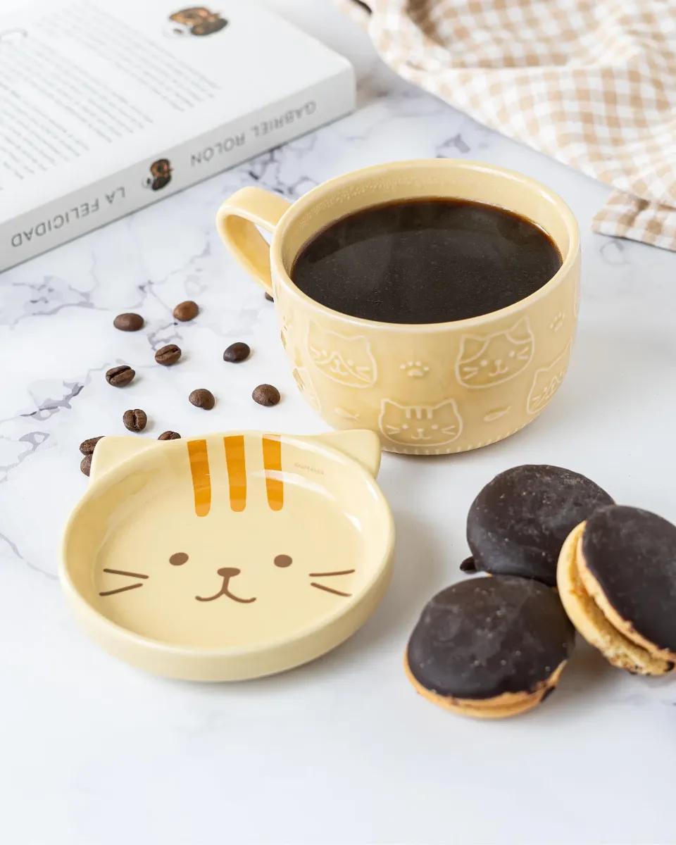 Taza Con Plato Cerámica Con Diseño De Gato Gatito - Amarilla