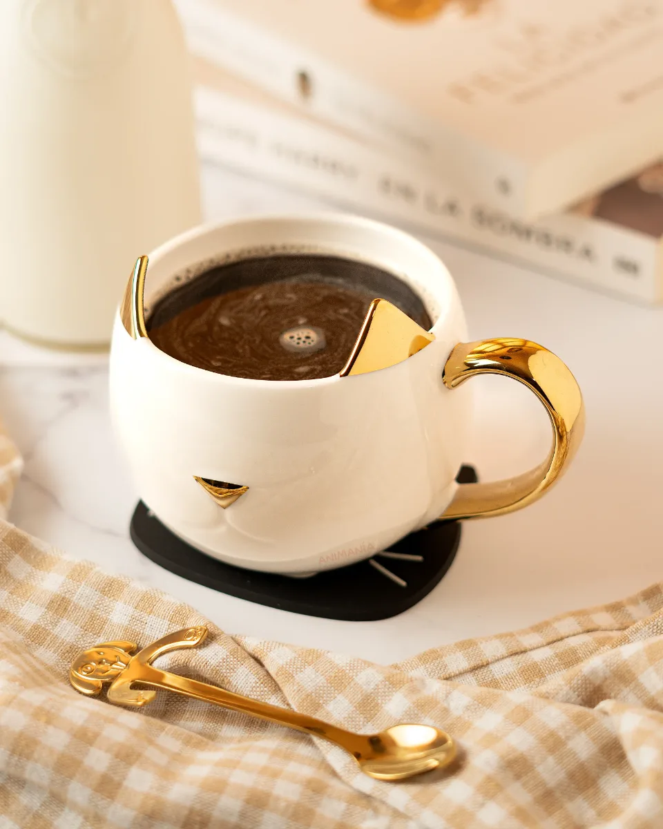 Taza De Cerámica Con Diseño De Gato Detalles Dorados