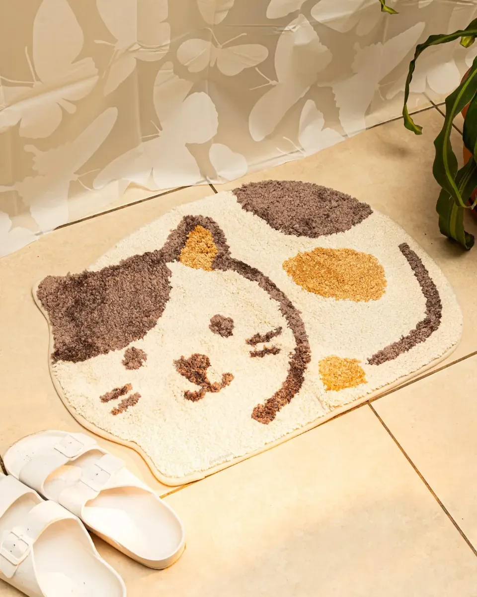 Alfombra Antideslizante Para Baño Forma Gato 45x65cm - Crema
