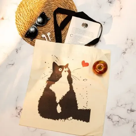 Tote Bag Con Diseño De Gato Negro y Blanco Bolsa Con Asa - Gato corazón