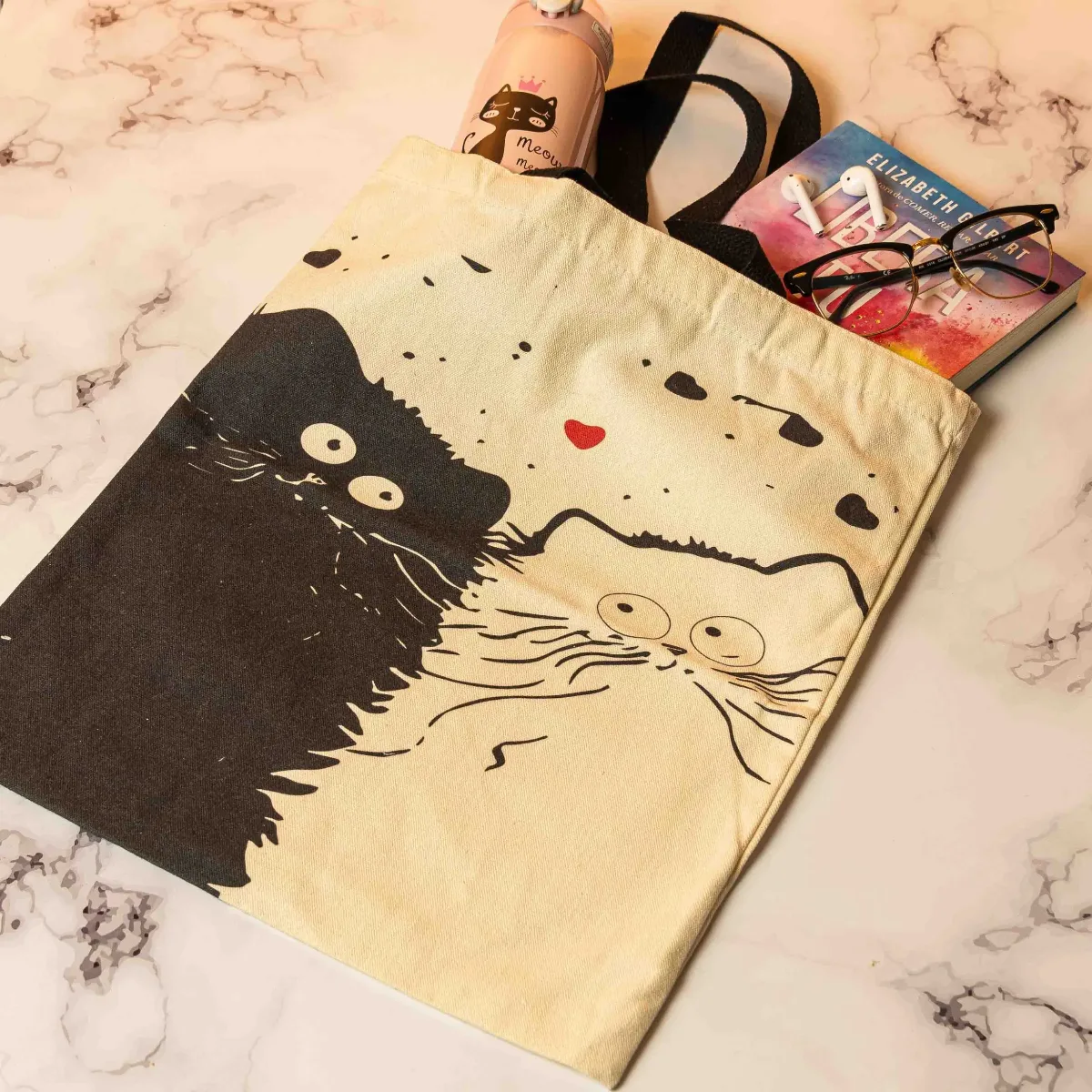Tote Bag Con Diseño De Gato Negro y Blanco Bolsa Con Asa - Dos gatos corazón