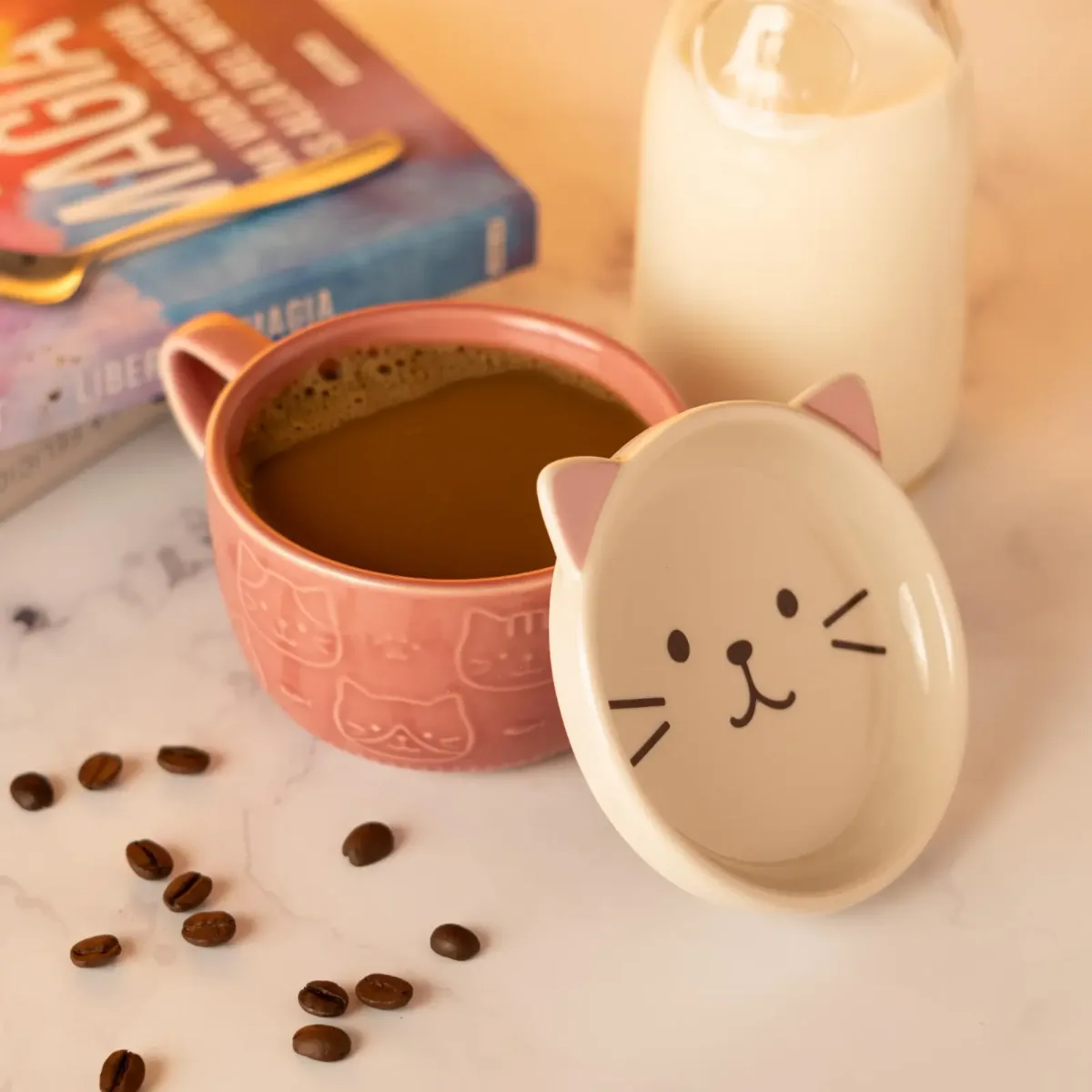 Taza Con Plato Cerámica Con Diseño De Gato Gatito - Rosado